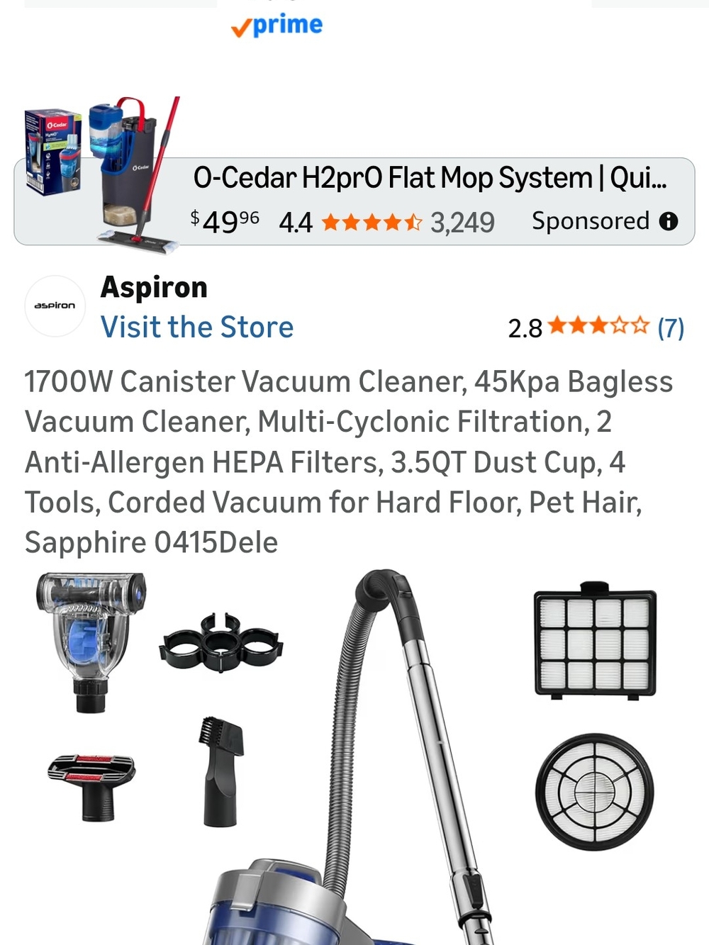 Aspiron Sapphire 1700W Canister Vacuum Cleaner - Blue